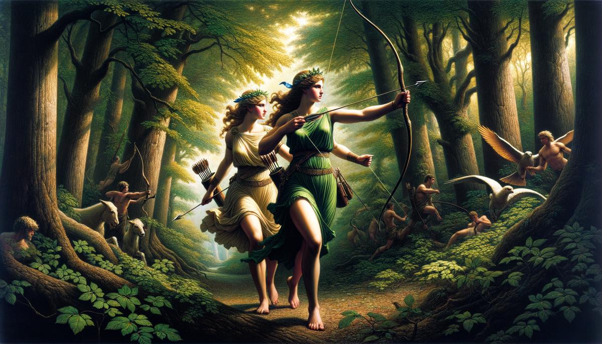 Aura and Artemis hunting together in a lush forest, showcasing their prowess and camaraderie