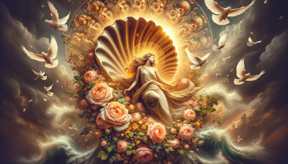 Beautiful Aphrodite rising from a seashell, surrounded by doves and roses