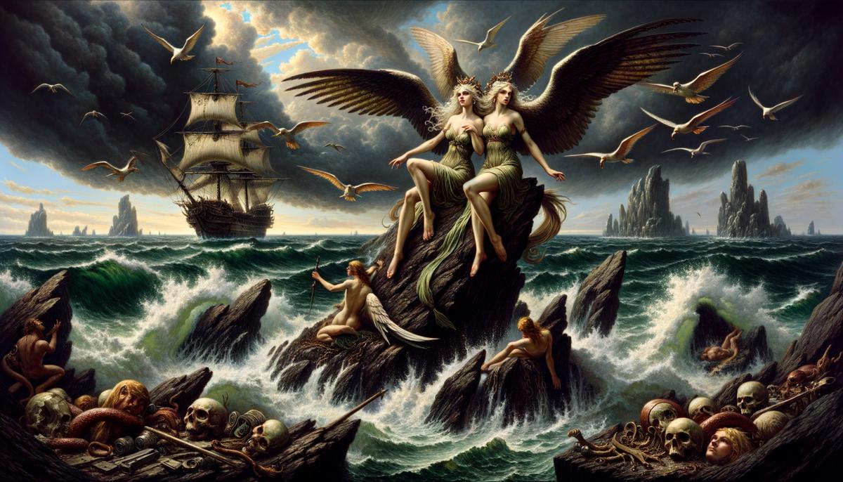 Beautiful but deadly Sirens perched on rocky outcrops, singing their enchanting song to lure unsuspecting sailors to their watery graves.