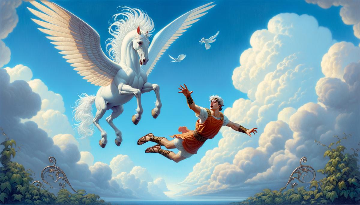 Bellerophon, a young Greek man, falling through the sky with a look of surprise and despair on his face after being bucked off Pegasus as the white winged horse flies away.