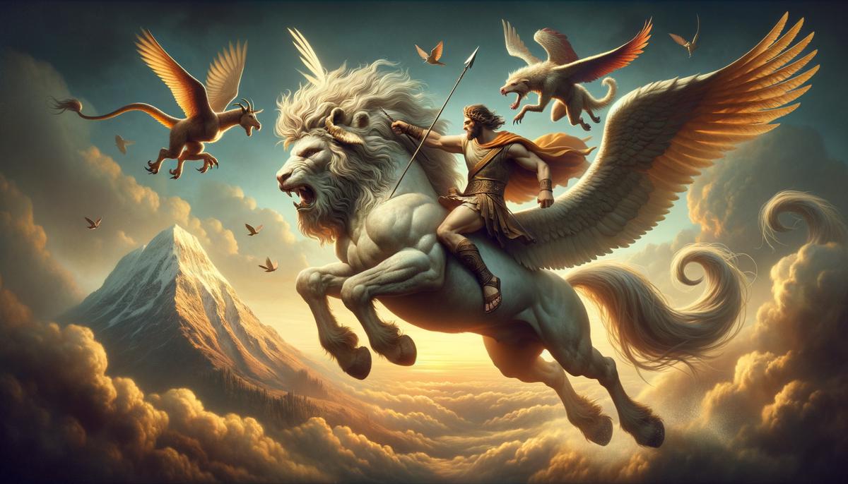 Bellerophon riding Pegasus and battling the Chimaera in the sky