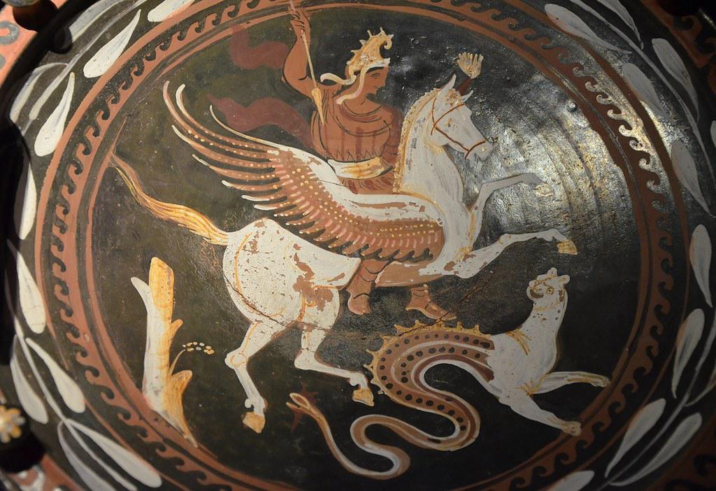 Bellerophon riding Pegasus and battling the Chimera
