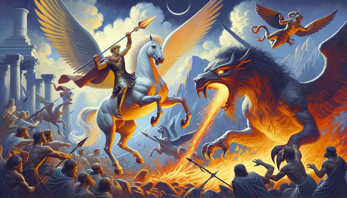 Bellerophon, riding Pegasus, uses a clever strategy to defeat the monstrous Chimera by pouring molten lead down its throat, extinguishing its fiery breath.