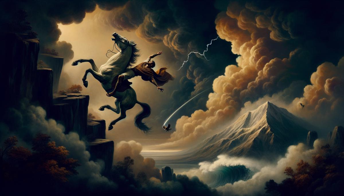 Bellerophon, struck by Zeus's thunderbolt, falls from Pegasus as punishment for his hubris in attempting to reach Mount Olympus.