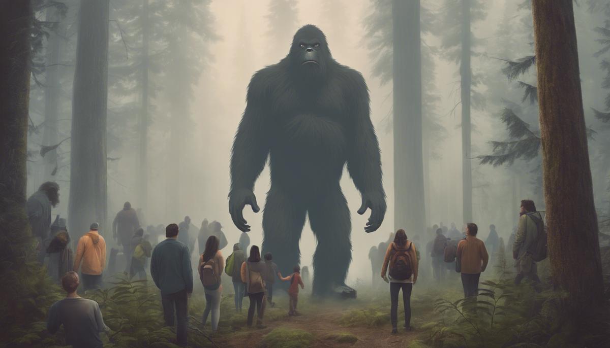 Bigfoot lurking in a dense, misty forest with people celebrating a Bigfoot festival in the foreground
