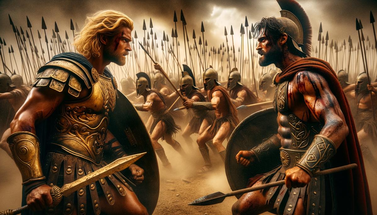 Brad Pitt as Achilles facing Eric Bana as Hector in an intense battle scene from Troy