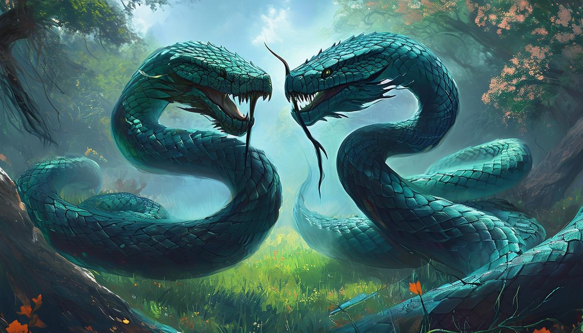 Cadmus and Harmonia, transformed into serpents, entwined together in the Elysian Fields