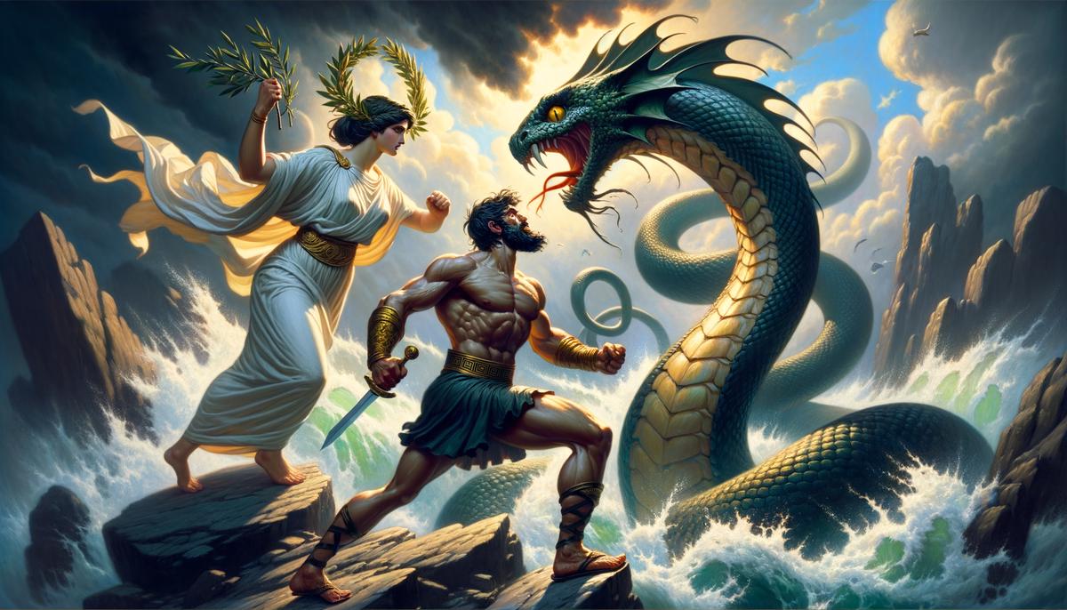 Cadmus defeats the dragon guarding the sacred spring, as Athena watches from above