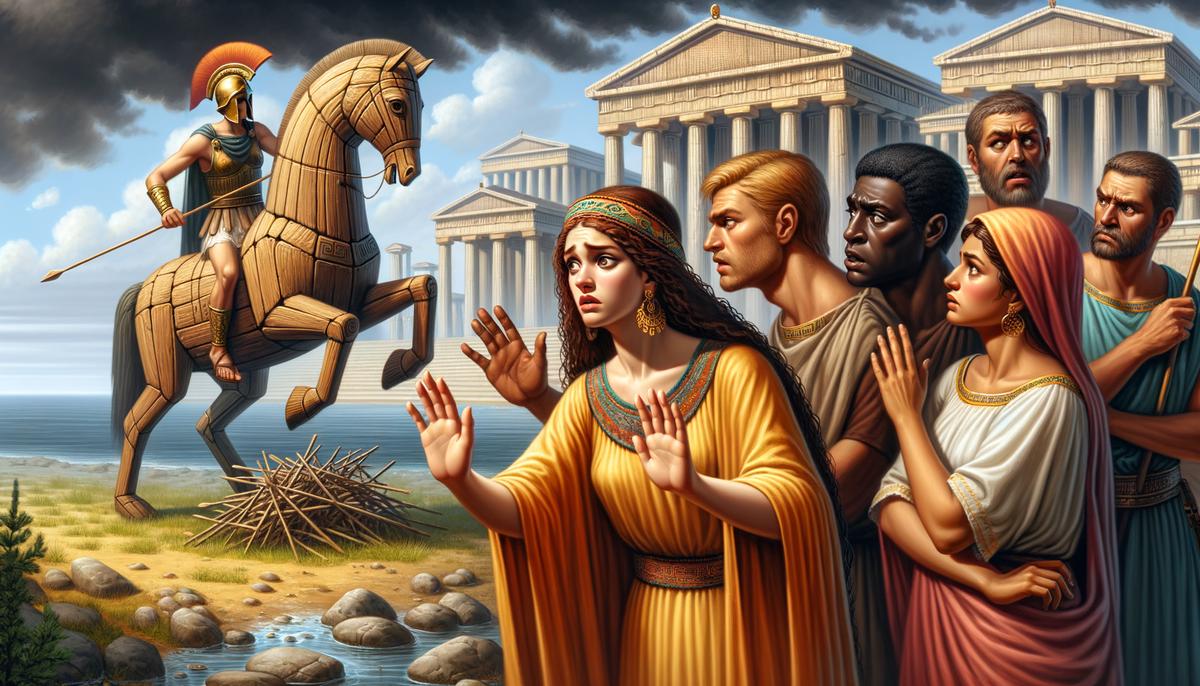 Cassandra desperately warning the Trojans about the danger of the wooden horse, while being ignored