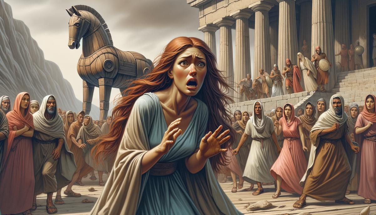 Cassandra desperately warning Trojan citizens about the wooden horse, while being ignored