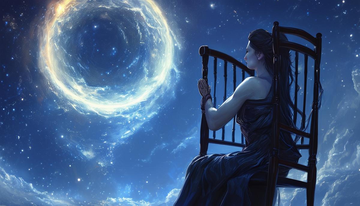 Cassiopeia, tied to a chair that revolves continuously in the heavens as punishment for her vanity and boasting.
