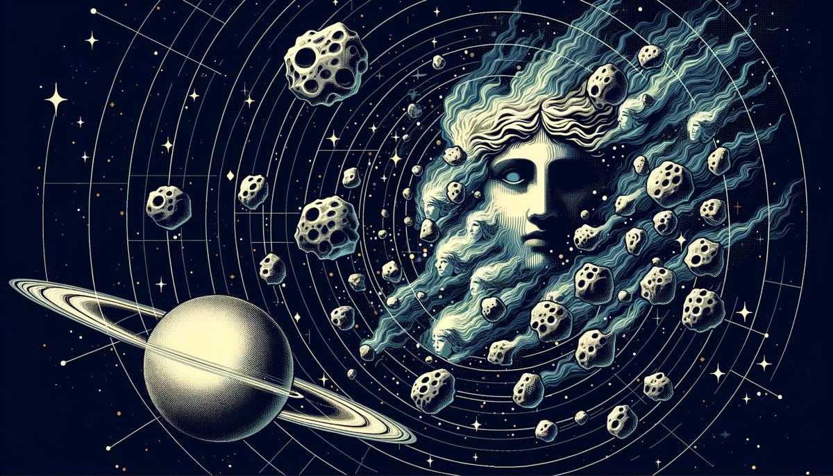 Celestial map showing asteroid belt with Greek deities