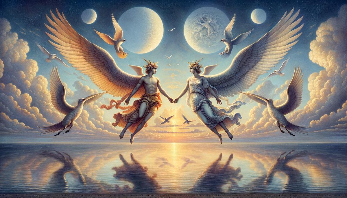 Ceyx and Alcyone transforming into halcyon birds above a calm sea