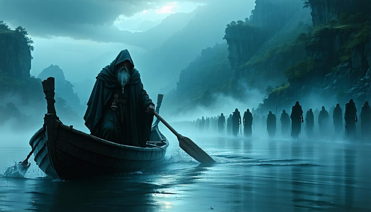 Charon, the grumpy ferryman, steering his boat across the misty waters of the River Acheron, with shadowy souls waiting to board
