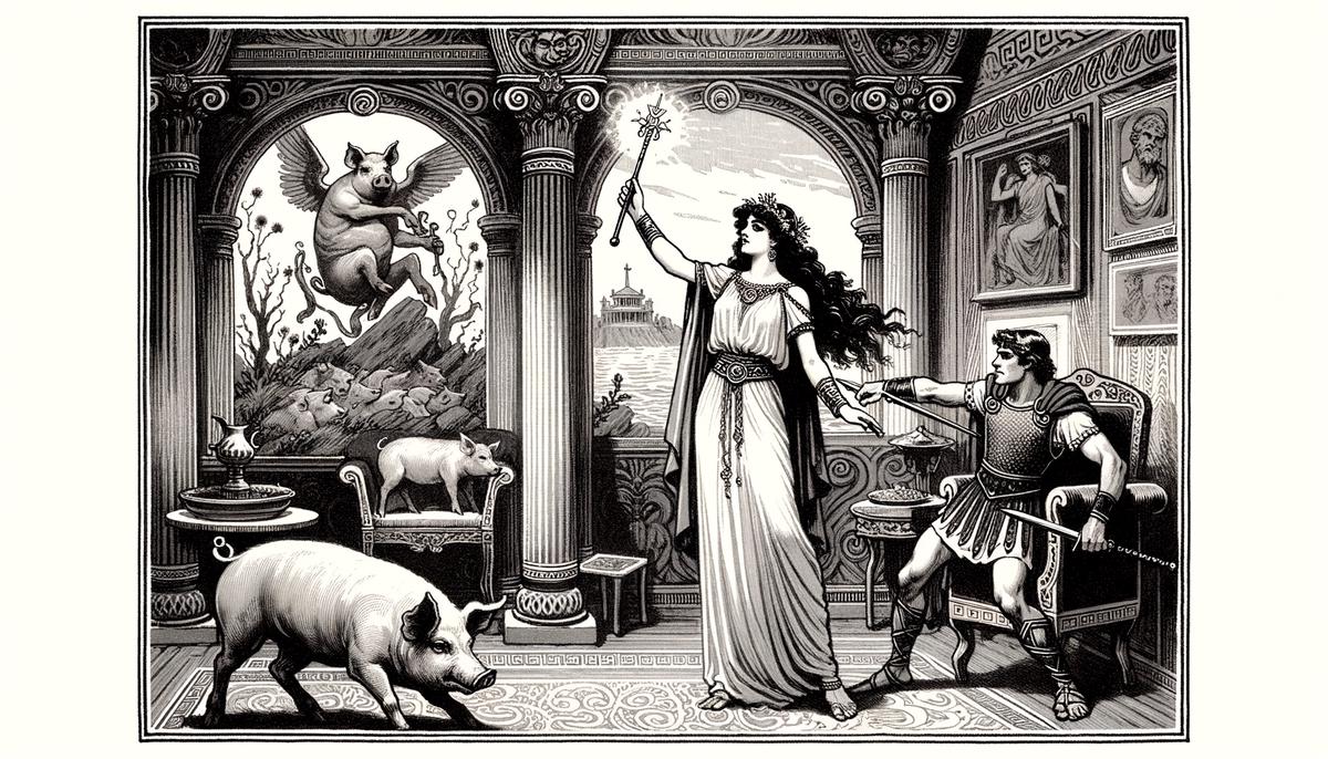 Circe confronting Odysseus, her wand raised as he draws his sword
