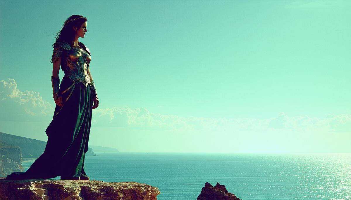 Circe standing alone on a cliff, looking out to sea with a determined expression