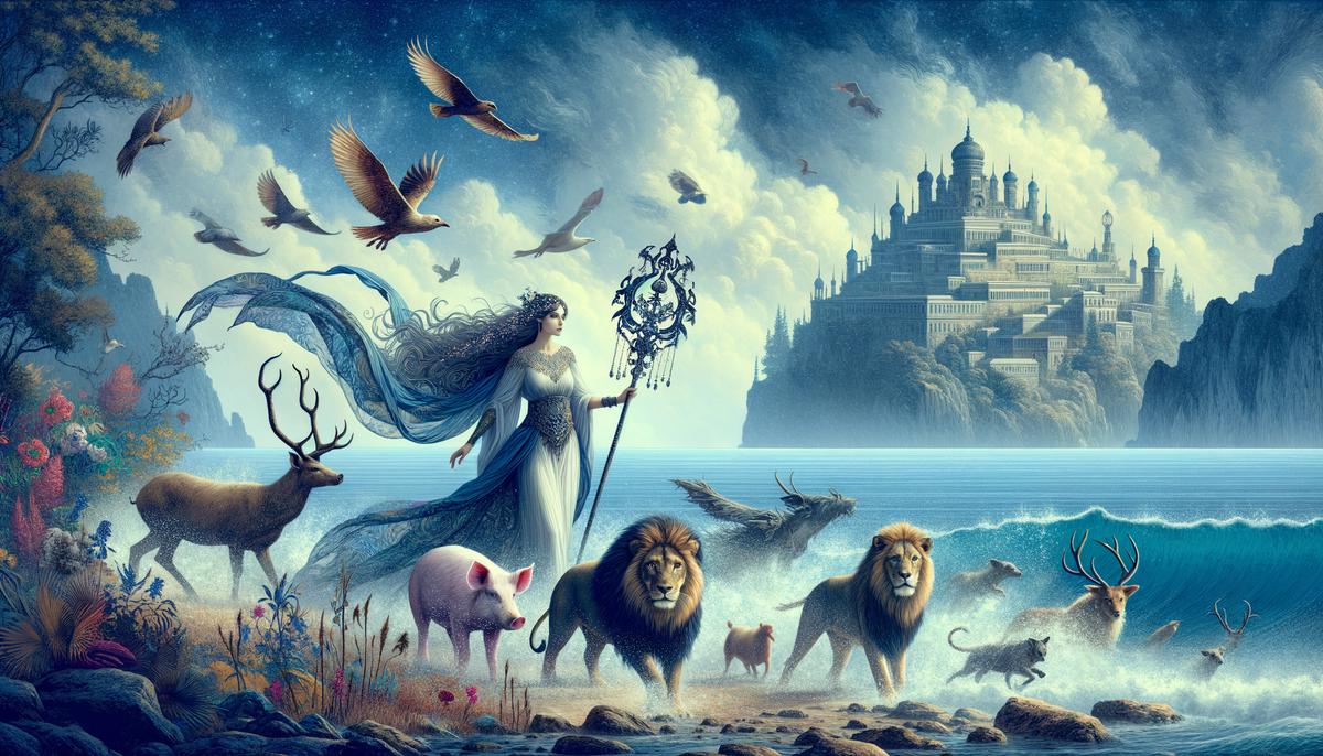 Circe, the enchantress, standing on the shores of her island Aeaea, surrounded by transformed animals