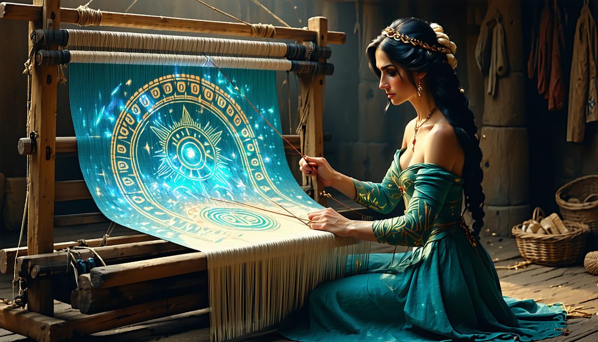 Circe weaving at a loom, with magical symbols appearing in the fabric