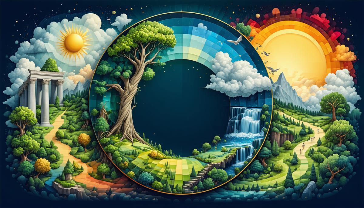 Circular depiction of Hesiod's ages with modern climate solutions