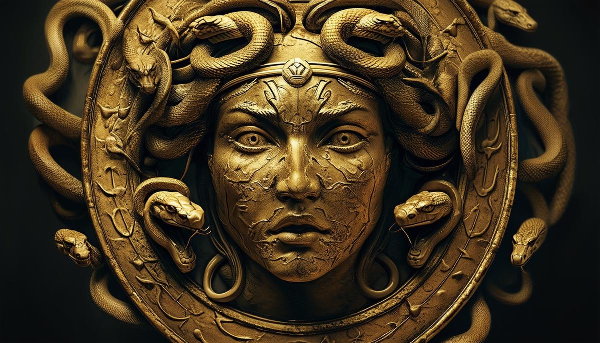 Close-up of Athena's aegis shield adorned with the head of Medusa, surrounded by serpents