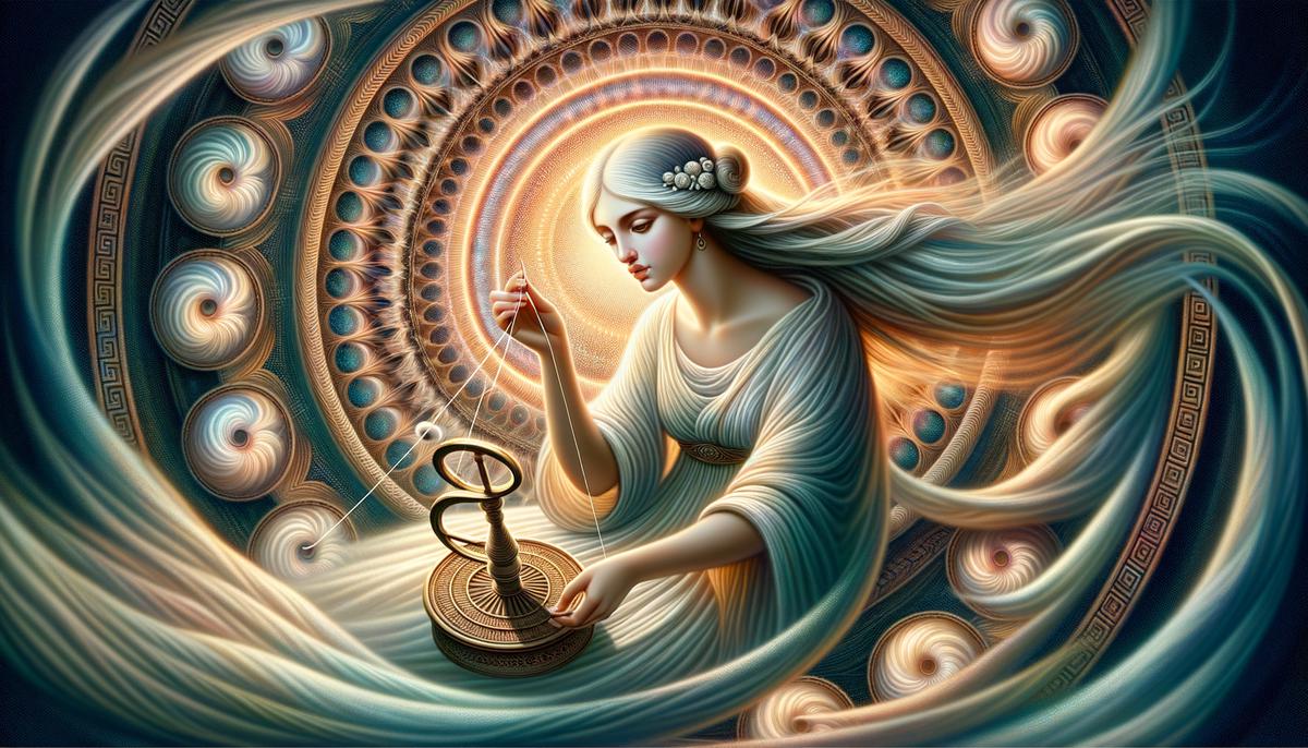 Clotho, the youngest of the three Fates, spinning the thread of life on her spindle