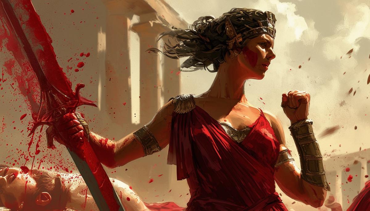 Clytemnestra standing triumphantly with a bloody sword, with Agamemnon's body in the background