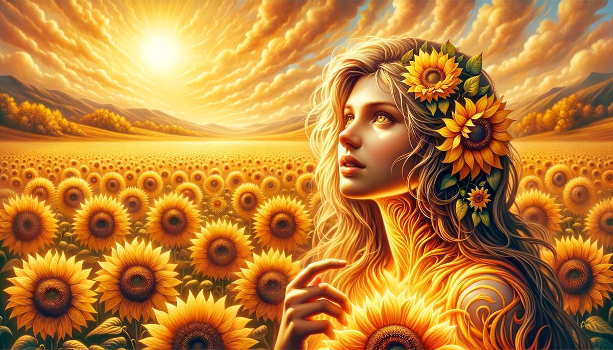 Clytie, transformed into a sunflower, her face always turned towards the sun as it moves across the sky, symbolizing her eternal love and devotion to Helios.