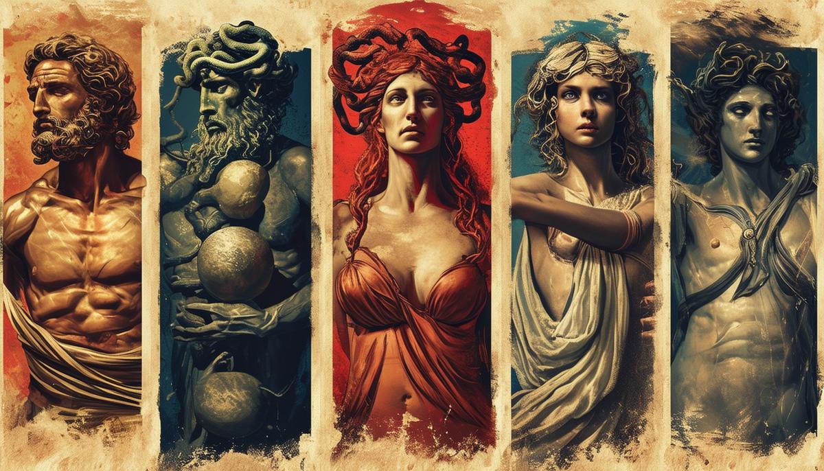 Collage of Greek mythological figures affected by curses, including Prometheus, Cassandra, Medusa, Sisyphus, Tantalus, and Echo