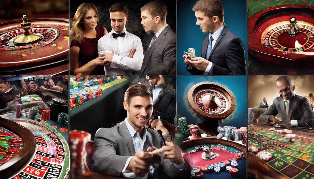 Collage of modern situations influenced by luck and chance, such as gambling and entrepreneurship
