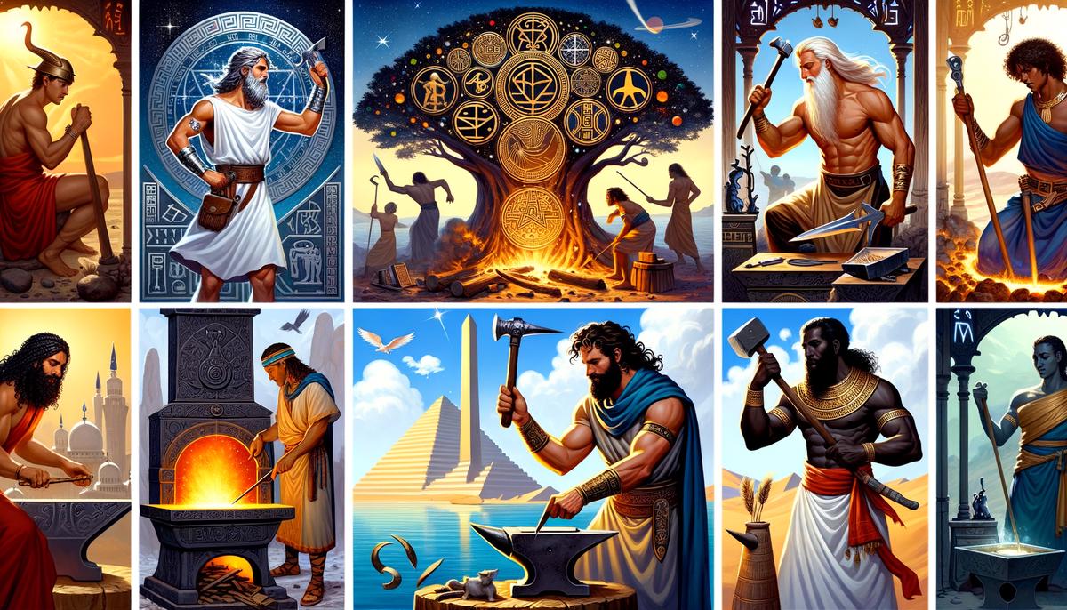 Collage of mythical blacksmiths from different cultures, each working on their legendary creations
