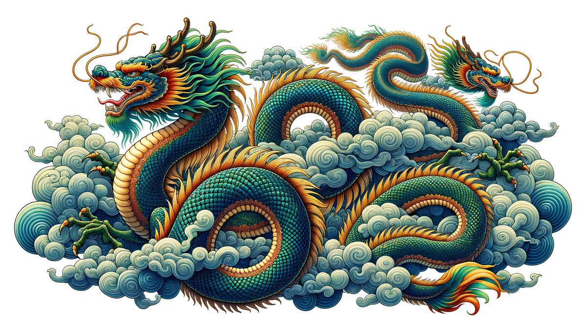 Colorful Chinese dragons soaring through clouds and controlling the weather