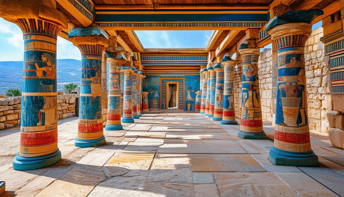 Colorful reconstructed ruins of Knossos Palace on Crete, showcasing Minoan architecture and frescoes