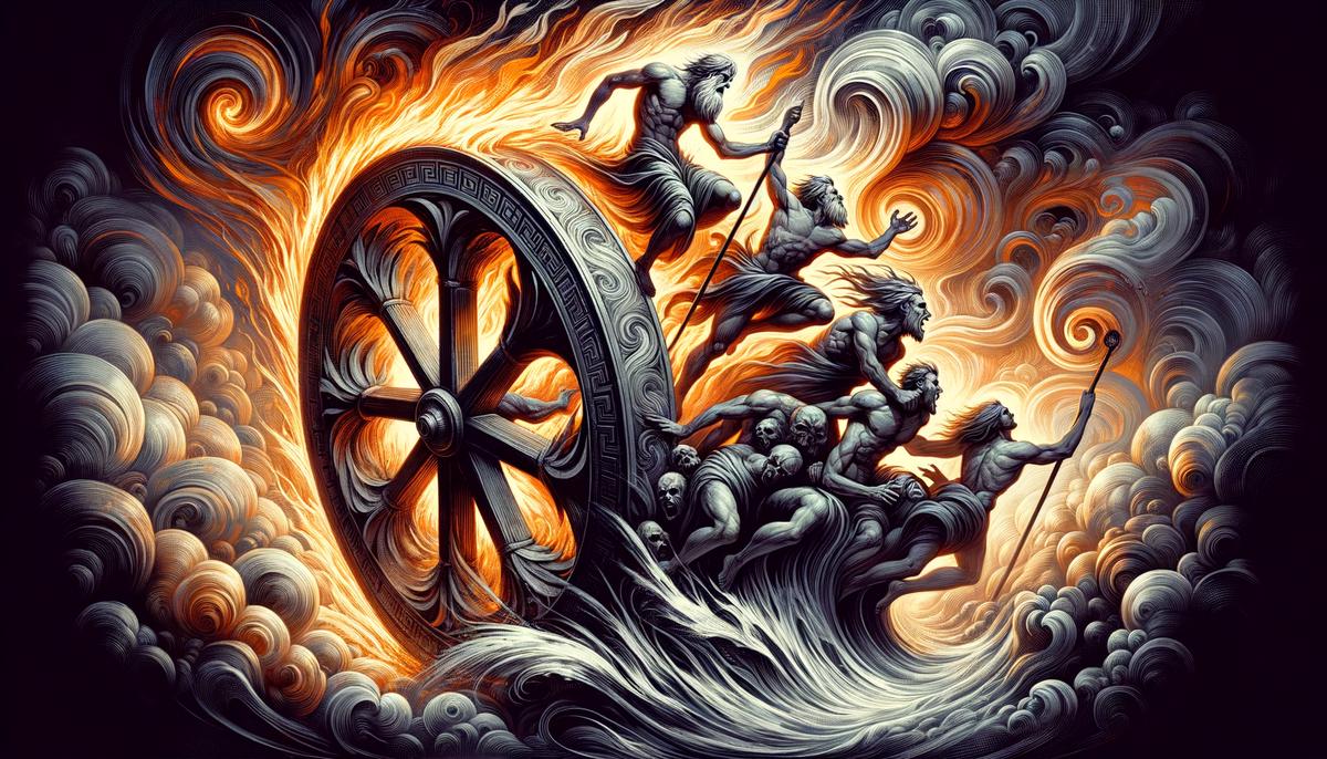 Conceptual digital painting portraying Ixion's myth as a representation of the consequences of hubris, with Ixion's suffering on the wheel juxtaposed against symbols of ambition and divine retribution.