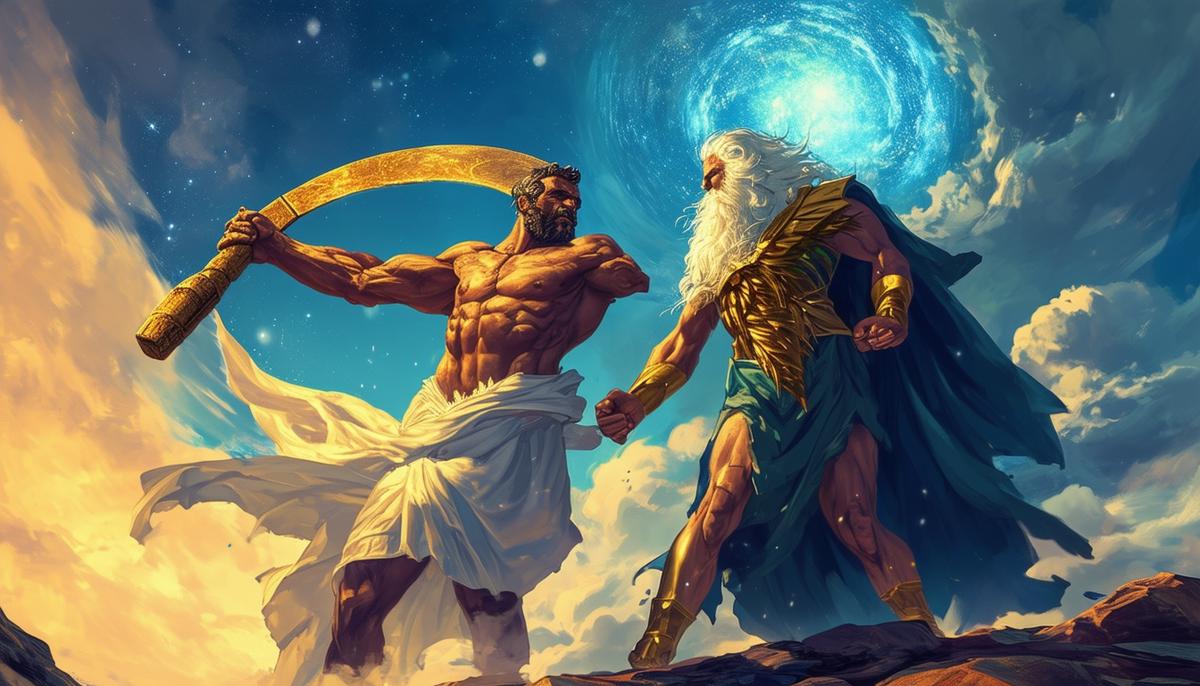 Cronus wielding a sickle against the sky god Uranus, with Gaia watching from below