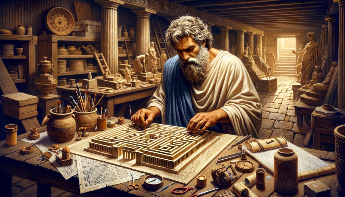 Daedalus working on an intricate model of the Labyrinth, with architectural drawings and tools scattered around him