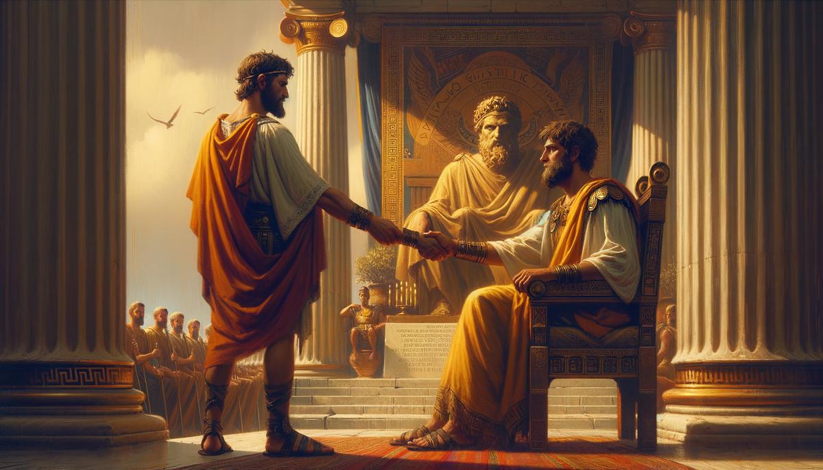 Damon standing bravely before the tyrant Dionysius, offering his life as collateral for Pythias' temporary release, showcasing the incredible loyalty and courage of their friendship.