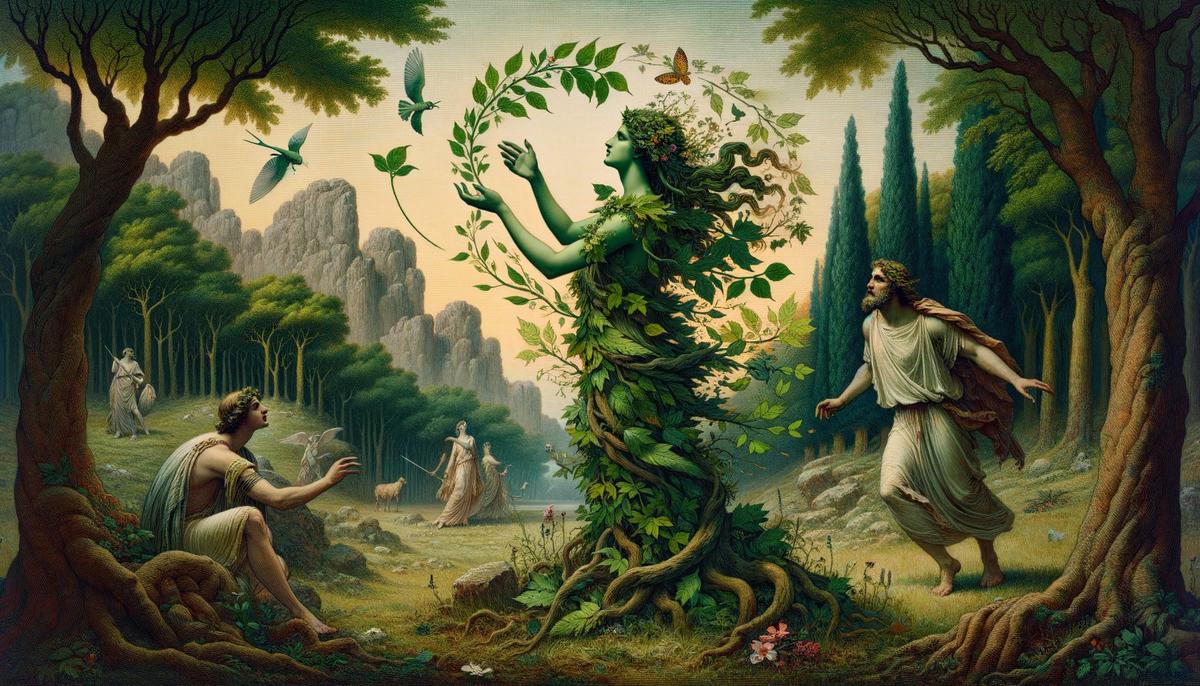 Daphne, a nymph, in the process of transforming into a laurel tree, with her arms becoming branches and her feet taking root in the ground, as Apollo looks on in amazement.