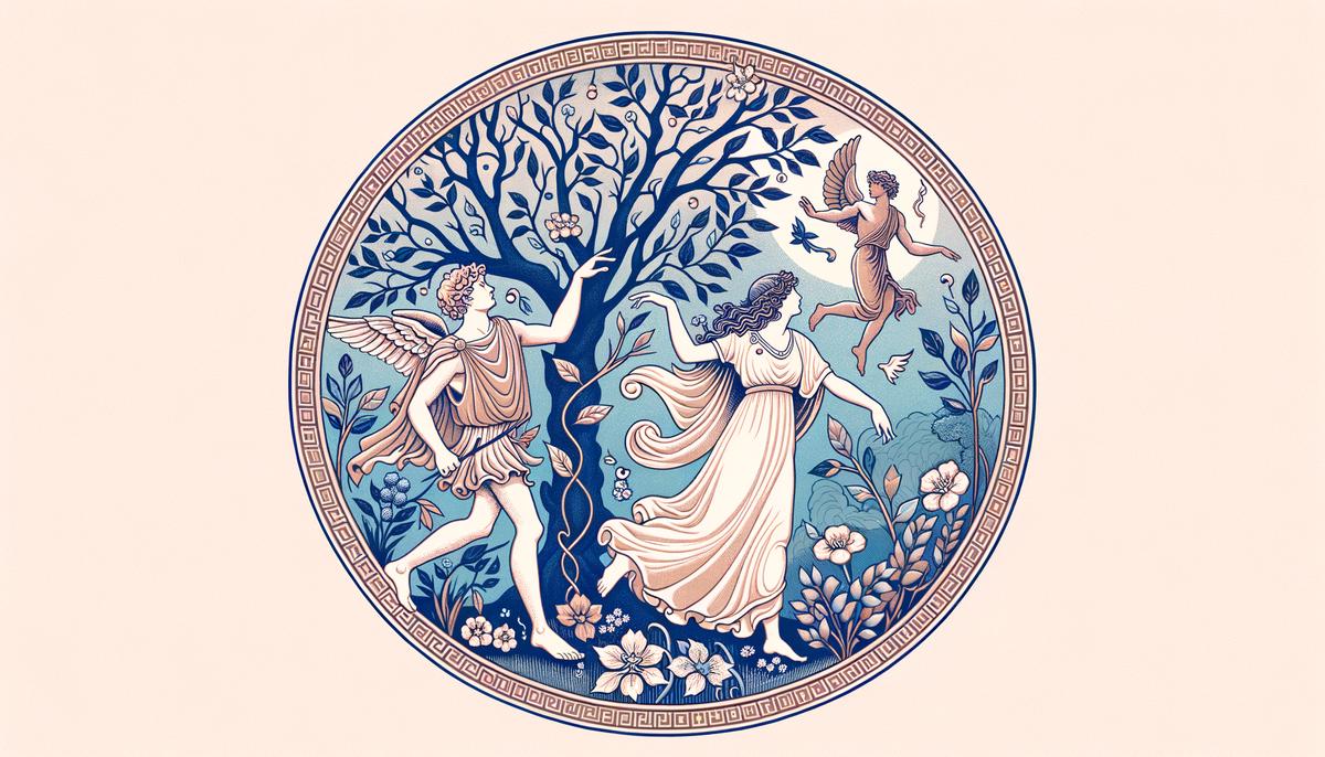 Daphne transforming into a laurel tree to escape Apollo's pursuit