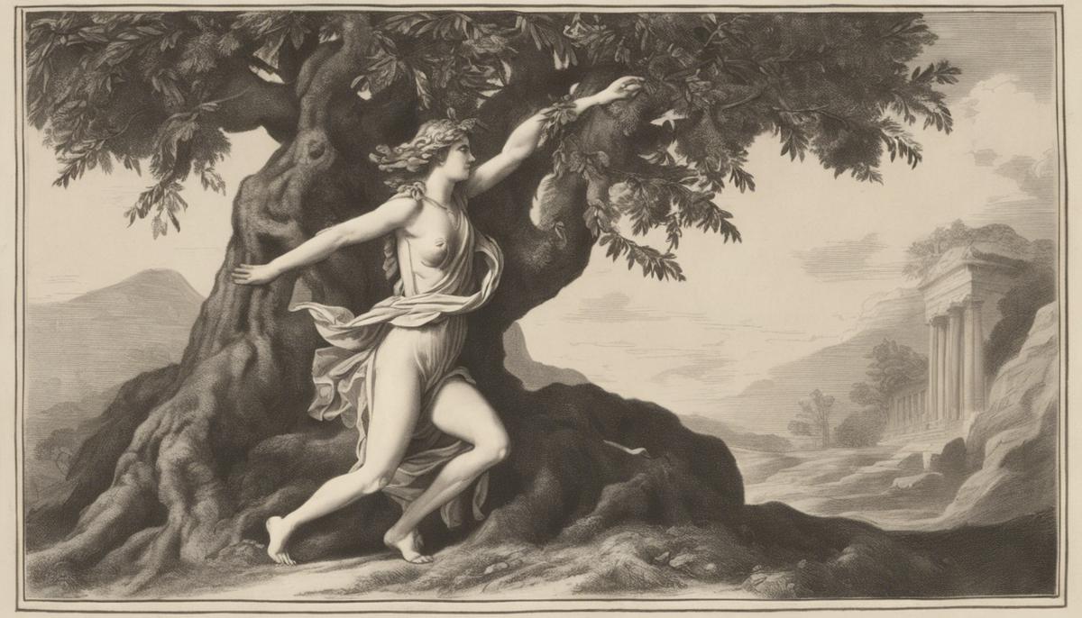 Daphne transforming into a laurel tree to escape Apollo's pursuit in Greek mythology