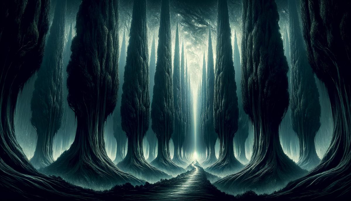 Dark and majestic cypress trees lining the entrance to the underworld