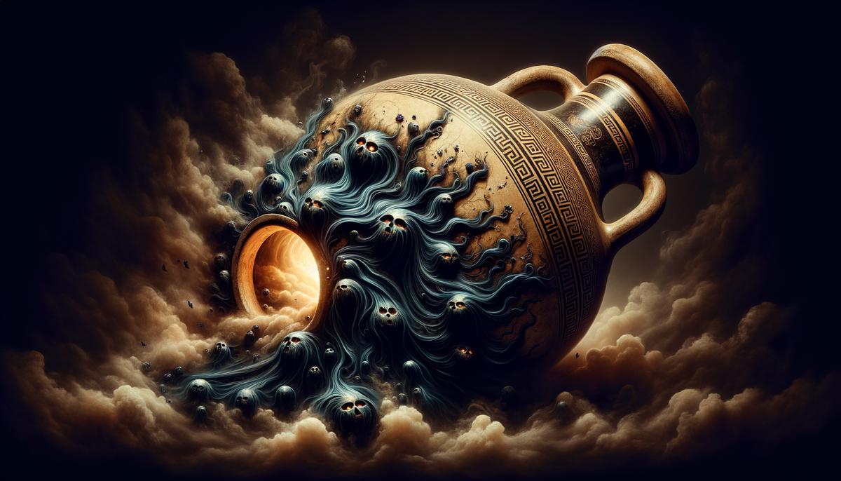 Dark spirits escaping from an ornate jar, with a small glowing light of hope remaining inside