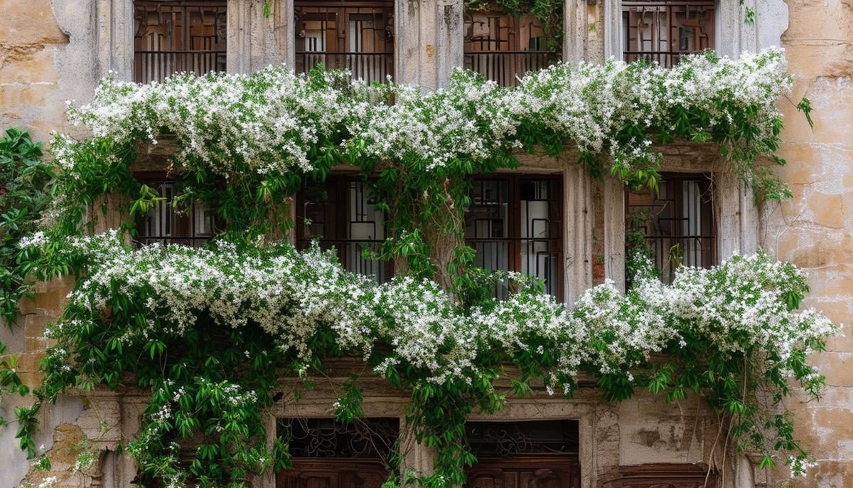 Delicate jasmine vines and flowers growing across the facade of an old city building