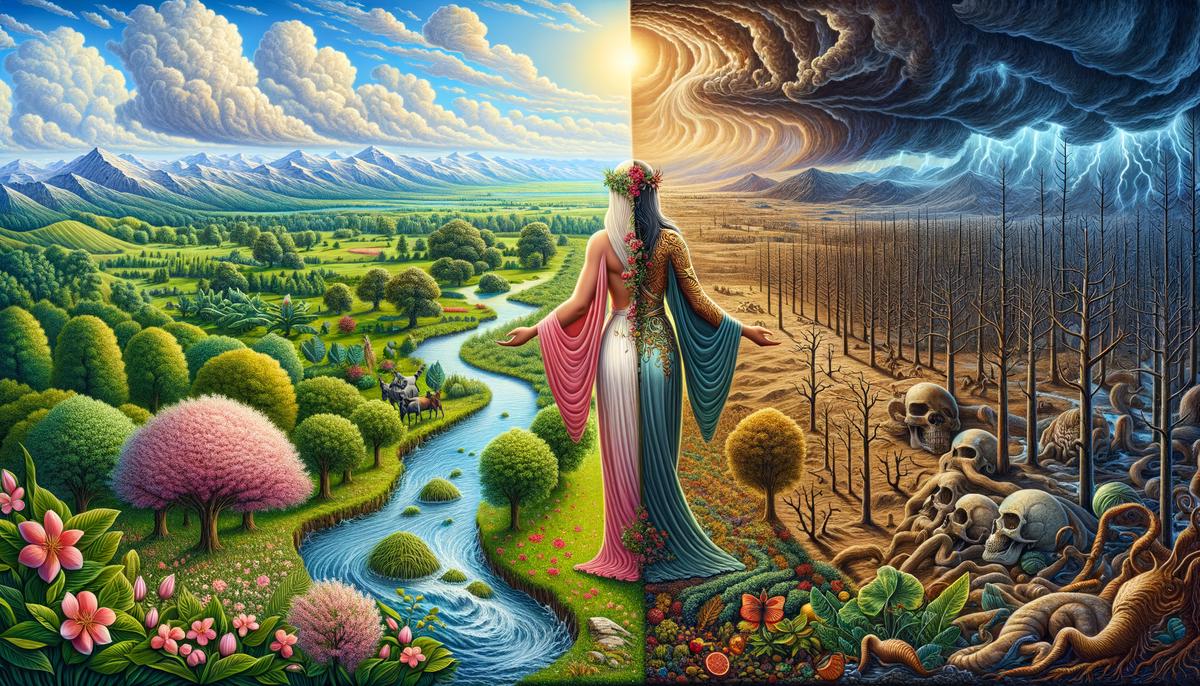 Demeter overlooking a landscape split between flourishing nature and climate crisis