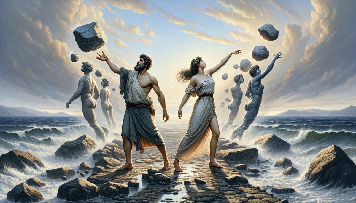 Deucalion and Pyrrha, the sole survivors of the great flood, tossing stones over their shoulders which transform into people to repopulate the earth