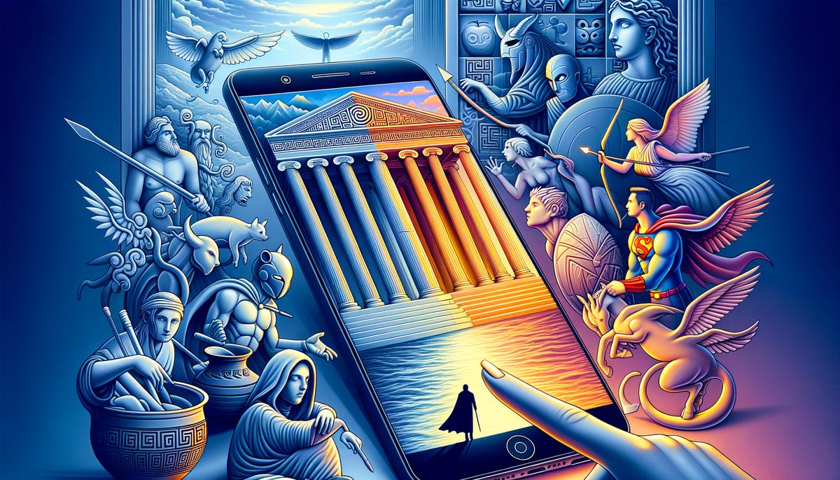 Digital collage showing ancient Greek mythological elements blending into modern pop culture references