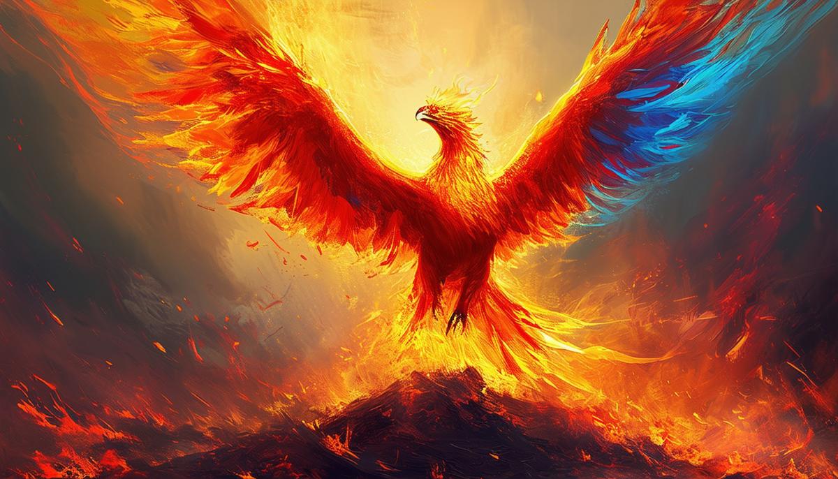 Digital painting of a vibrant phoenix rising up from a pile of ashes, symbolizing renewal and resurrection