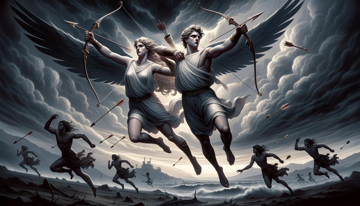 Digital painting of Apollo and Artemis, Greek twin deities, unleashing arrows upon Niobe's children from the sky