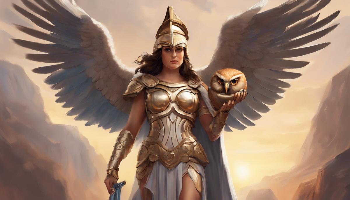 Digital painting of Athena, the Greek goddess of wisdom and strategic warfare, in her iconic helmet and armor holding an owl