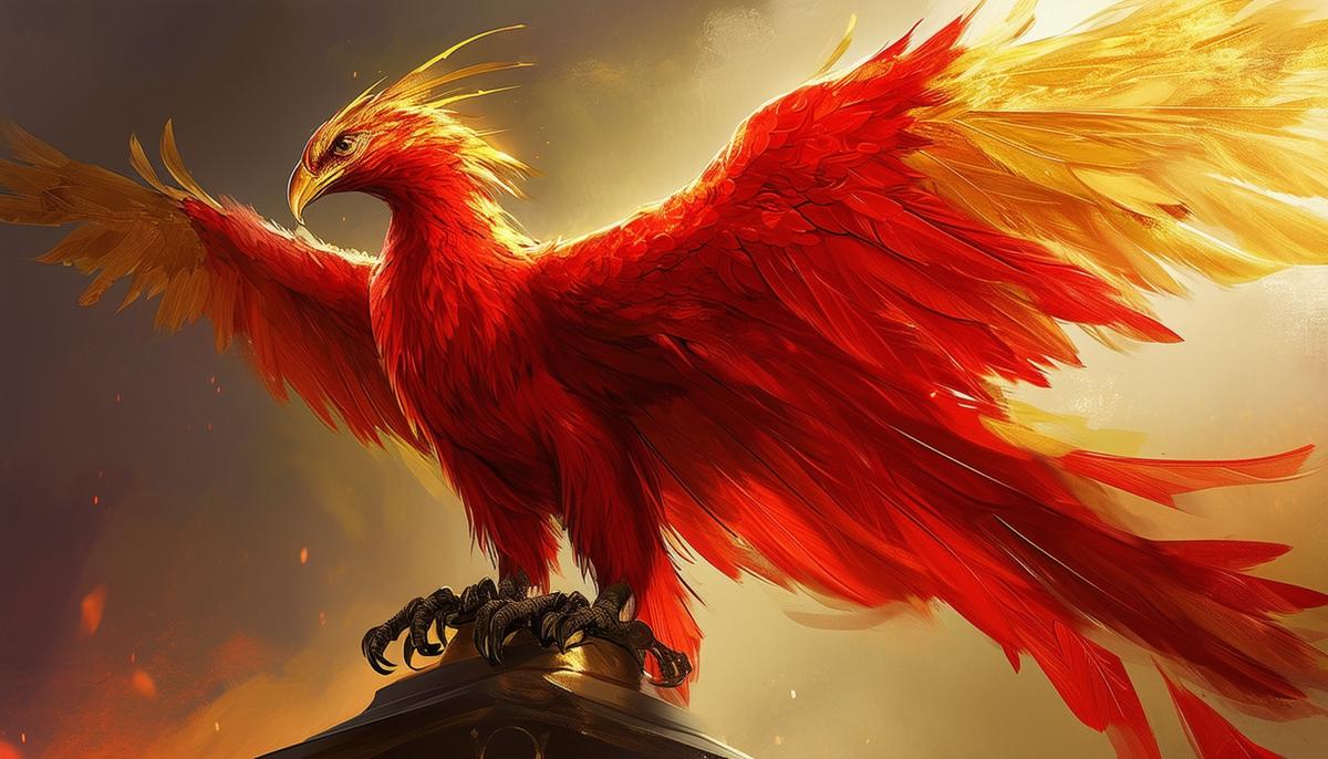 Digital painting of Fawkes, the majestic red and gold phoenix from the Harry Potter series, perched on a stand with his wings partially spread