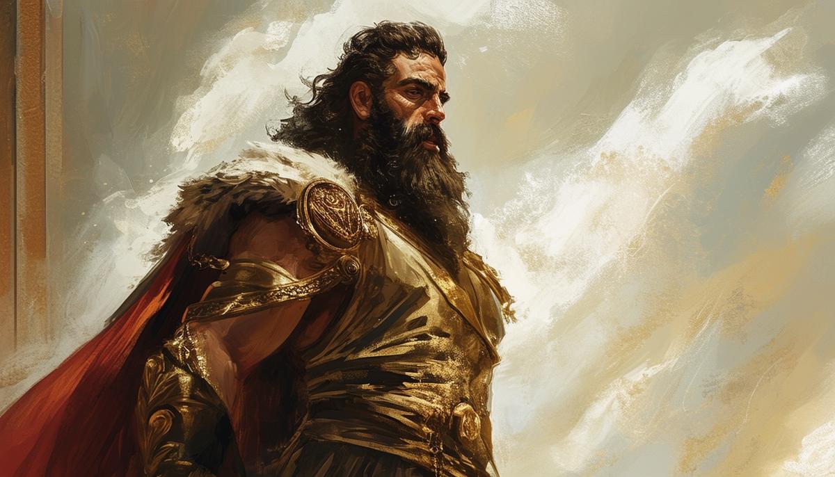 Digital painting of Ixion, a bearded man in royal attire, with a sinister expression as he devises a plan for vengeance against his father-in-law Deioneus.
